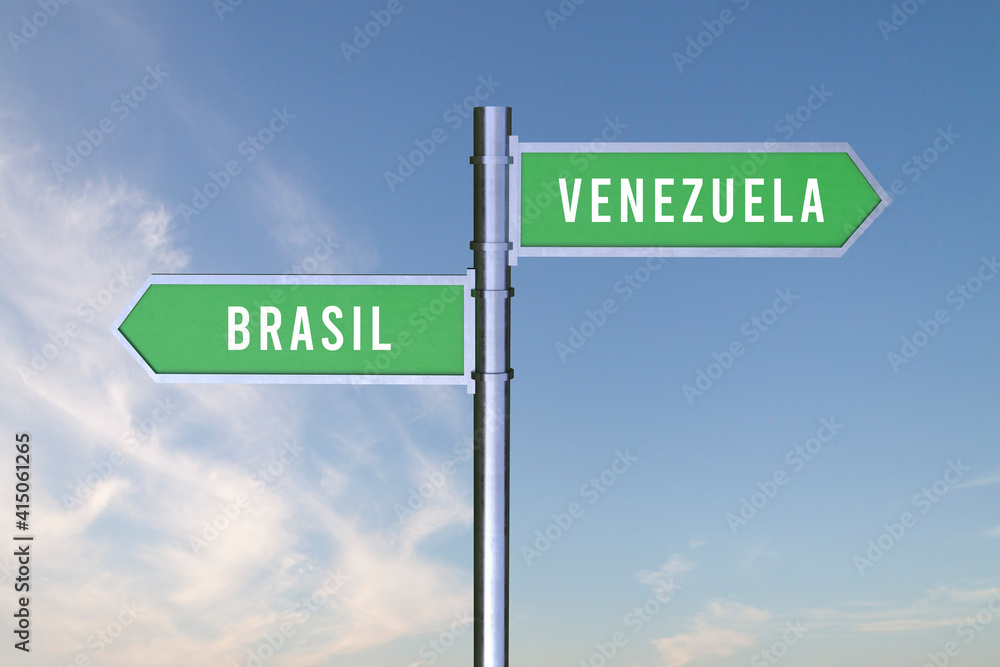 Sign indicating the direction of the borders between two countries BRASIL,VENEZUELA, 3d render. Sign indicating the direction of the borders between two countries BRASIL,VENEZUELA, 3d render.