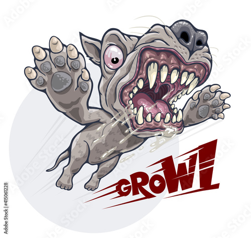 Angry growling dog attacks in jump