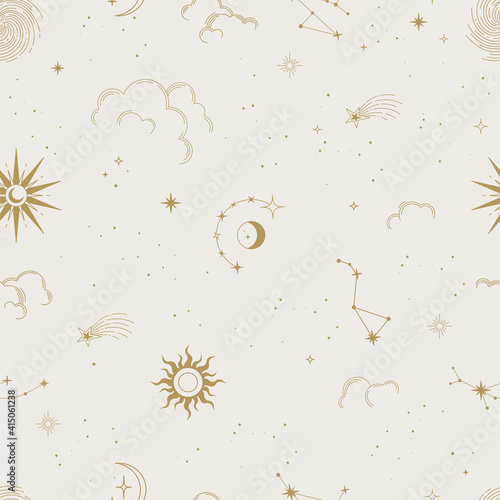 Vector magic seamless pattern with constellations, sun, moon, clouds and stars. Mystical esoteric background for design of fabric, packaging, astrology, phone case, yoga mat, notebook covers, wrapping