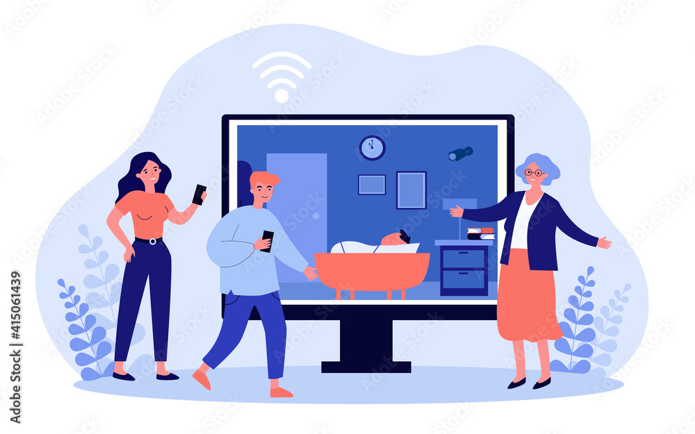 Cheerful family checking newborn on big monitor. Camera, baby, control flat vector illustration. Monitoring and digital technology concept for banner, website design or landing web page