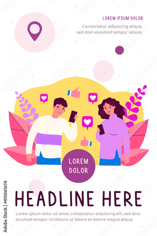 Happy man and woman watching likes in social media. Smartphone, thumb up, internet flat vector illustration. Communication and digital technology concept for banner, website design or landing web page Happy man and woman watching likes in social media. Smartphone, thumb up, internet flat vector illustration. Communication and digital technology concept for banner, website design or landing web page