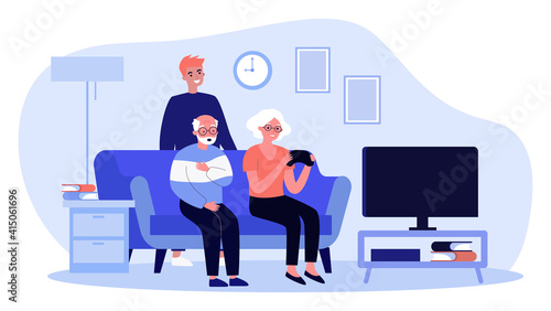 Happy old people playing video game at home. Joystick, fun, leisure flat vector illustration. Entertainment and retirement concept for banner, website design or landing web page