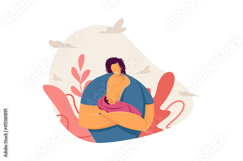 Happy mom breastfeeding baby. New mother offering breast to newborn infant. Vector illustration for motherhood, healthy nutrition, child birth concept