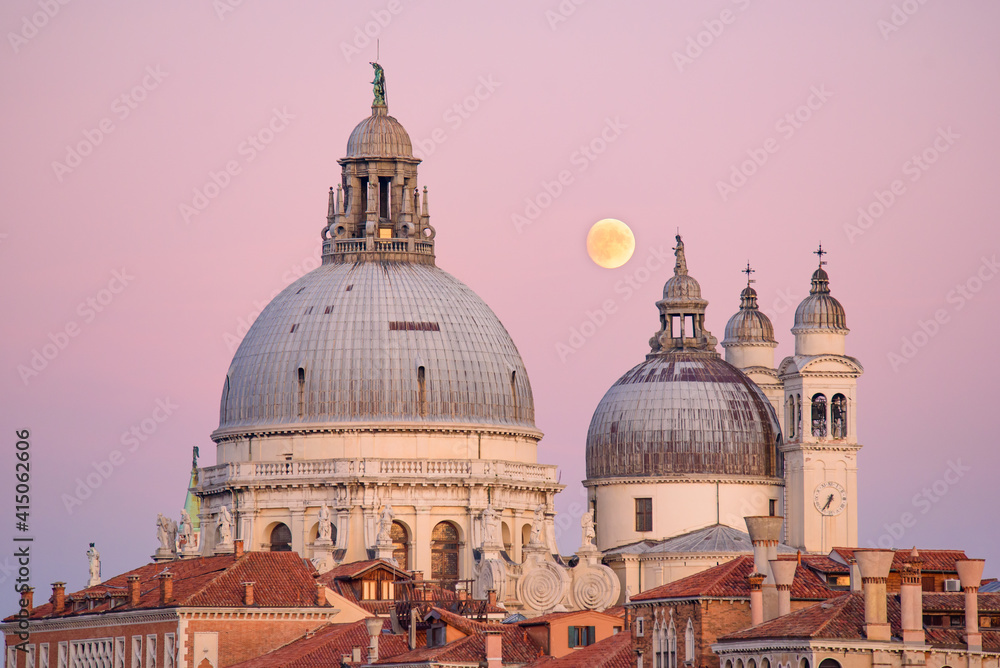 Sunset view of Basilica di Santa Maria della Salute (Saint Mary of Health), a Catholic church in Venice, Italy