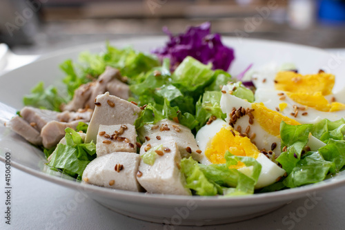 Healthy vegetable salad and sesame on plate. Diet menu, Clean food, healthy foods concept.