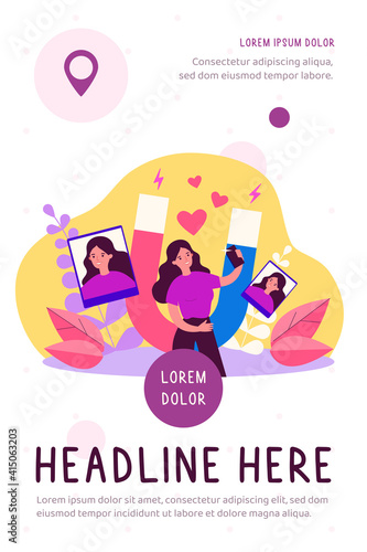 Successful female blogger taking selfie on cellphone. Magnet attracting likes. Flat vector illustration. Social media, blogging concept for banner, website design or landing web page