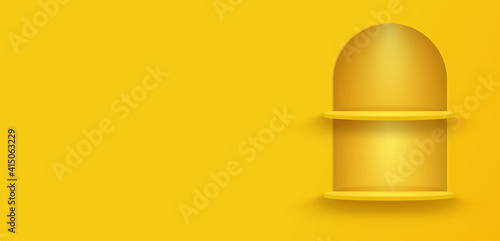 Yellow platform on yellow wall background. Pedestal scene with for product, advertising, show. Semicircular geometric base. Shelf stand decor with lighting. Copy space. Horizontal.Vector illustration.