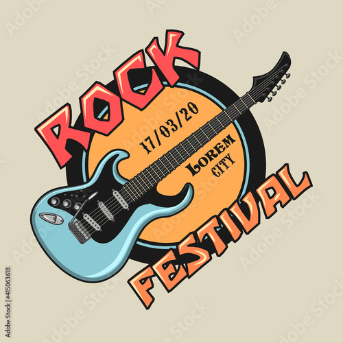 Colored emblem with electric guitar. Colorful design elements live rock concert in city. Rock music festival and entertainment concept for band stamp, label, sign template