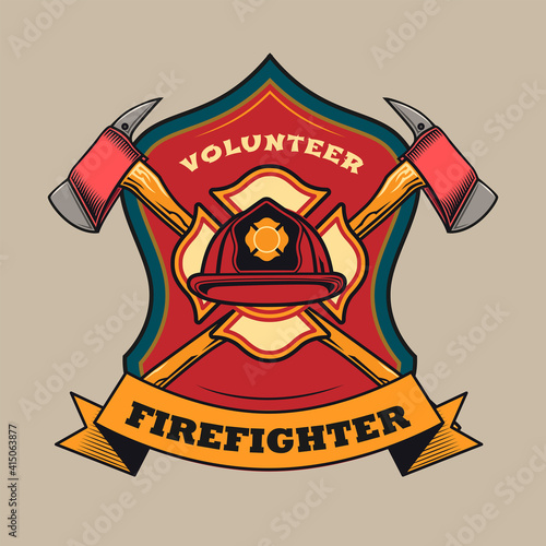 Trendy badge with red protective helmet and crossed axes vector illustration. Colorful label for volunteer firefighters. Emergency and firefighting concept can be used for retro template