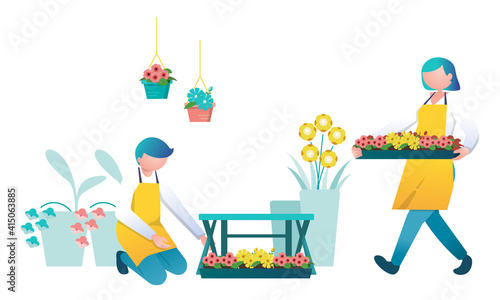 花を売る花屋,ガーデニングを楽しむ人々,開店準備をする花屋