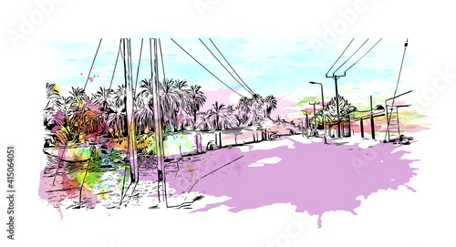 Building view with landmark of Cairo is the
capital of Egypt. Watercolour splash with hand drawn sketch illustration in vector.