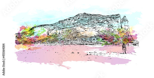 Building view with landmark of Cairo is the
capital of Egypt. Watercolour splash with hand drawn sketch illustration in vector.