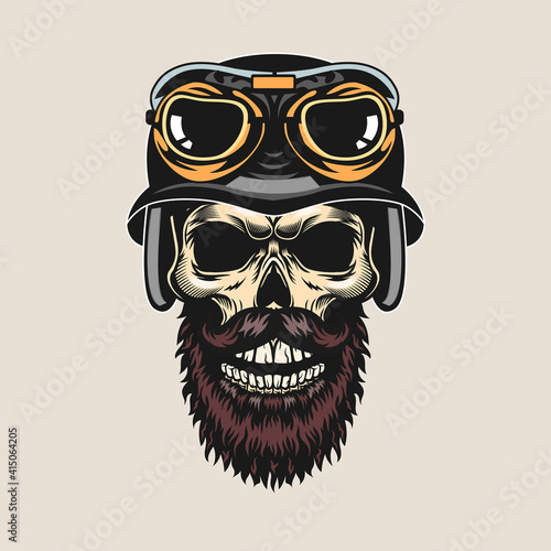 Trendy vintage badge with bearded skull in helmet vector illustration. Colorful skull, helmet and googles. Bikers club and freedom concept for tattoo, stamp, print template