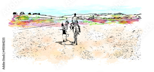 Building view with landmark of Cairo is the
capital of Egypt. Watercolour splash with hand drawn sketch illustration in vector.