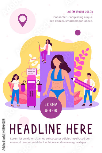 Liposuction procedure flat illustration. Team of doctors and female patient with dotted marks on body and belly. Vector illustration for weight reduction, surgery, beauty concepts