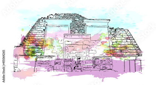 Building view with landmark of Cairo is the
capital of Egypt. Watercolour splash with hand drawn sketch illustration in vector.