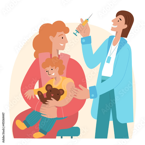  Prevention injection, immunization.Family vaccination concept for immunity health. Doctor pediatrician makes an injection of flu vaccine to a baby in hospital. Vaccination.