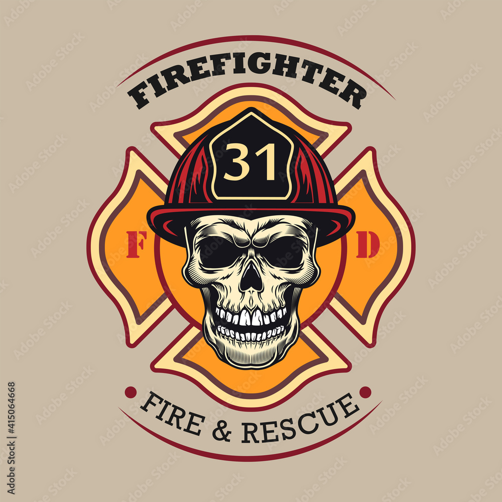 Colored badge with skull in protective hardhat vector illustration. Vintage colorful banner for fire dept. Emergency and firefighting concept can be used for retro template