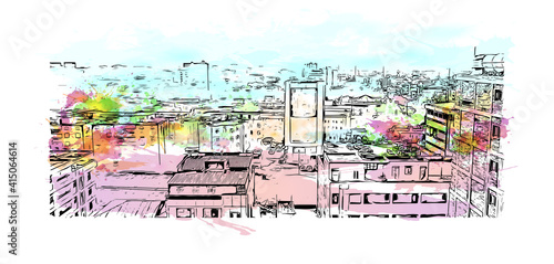 Building view with landmark of Cairo is the
capital of Egypt. Watercolour splash with hand drawn sketch illustration in vector.