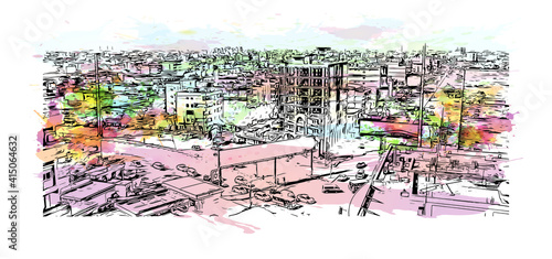 Building view with landmark of Cairo is the
capital of Egypt. Watercolour splash with hand drawn sketch illustration in vector.