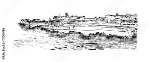 Building view with landmark of Cairo is the
capital of Egypt. Hand drawn sketch illustration in vector.