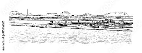 Building view with landmark of Cairo is the
capital of Egypt. Hand drawn sketch illustration in vector.