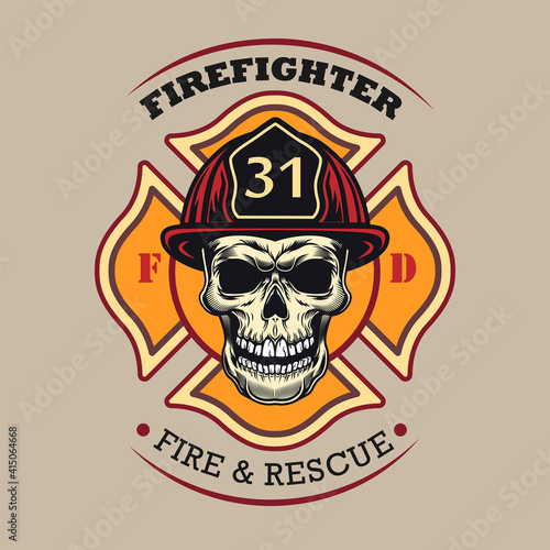 Colored badge with skull in protective hardhat vector illustration. Vintage colorful banner for fire dept. Emergency and firefighting concept can be used for retro template