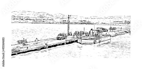 Building view with landmark of Cairo is the
capital of Egypt. Hand drawn sketch illustration in vector.