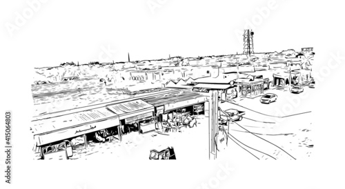Building view with landmark of Cairo is the
capital of Egypt. Hand drawn sketch illustration in vector.