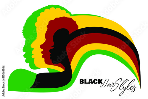 Vector illustration on Black Hairstyles in abstract black human profiles in African Flag colors on a white isolated background
