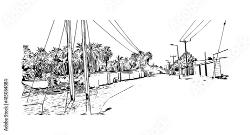 Building view with landmark of Cairo is the
capital of Egypt. Hand drawn sketch illustration in vector.