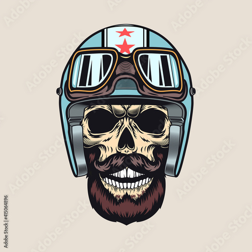 Vintage sticker with biker skull in helmet vector illustration. Colorful racer bearded skull, helmet and googles. Bikers club and freedom concept can be used for retro template