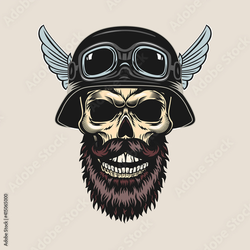 Vintage sticker with bearded skull in helmet vector illustration. Colorful dead head, googles and hardhat with wings. Bikers club and freedom concept can be used for retro template