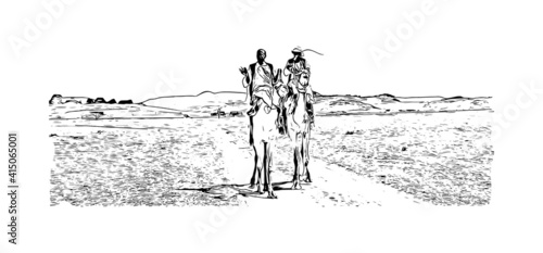 Building view with landmark of Cairo is the
capital of Egypt. Hand drawn sketch illustration in vector.