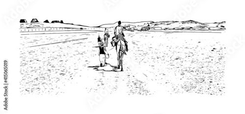 Building view with landmark of Cairo is the
capital of Egypt. Hand drawn sketch illustration in vector.