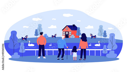 Back view of people watching on cow farm. Lake, cattle, swan flat vector illustration. Countryside and nature concept for banner, website design or landing web page