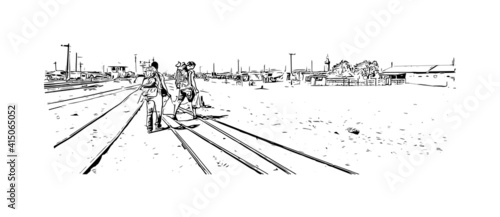 Building view with landmark of Cairo is the
capital of Egypt. Hand drawn sketch illustration in vector.