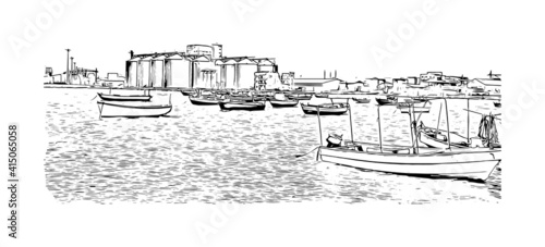 Building view with landmark of Cairo is the
capital of Egypt. Hand drawn sketch illustration in vector.