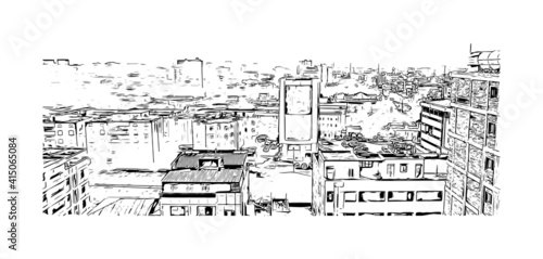 Building view with landmark of Cairo is the
capital of Egypt. Hand drawn sketch illustration in vector.