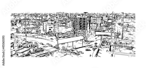 Building view with landmark of Cairo is the
capital of Egypt. Hand drawn sketch illustration in vector.