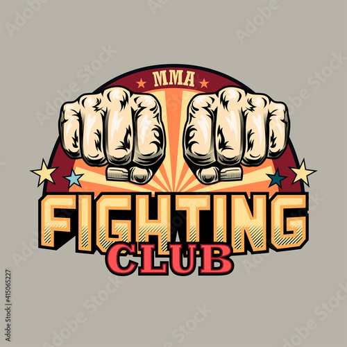 Colorful emblem with two human fists vector illustration. Retro label for fighting club. Sport activity, MMA or martial arts concept can be used for retro template, banner or poster