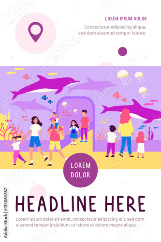Happy kids walking in oceanarium flat vector illustration. Cartoon parents and children looking at underwater or ocean fishes. Aquarium, zoo, marine flora and sea animals concept