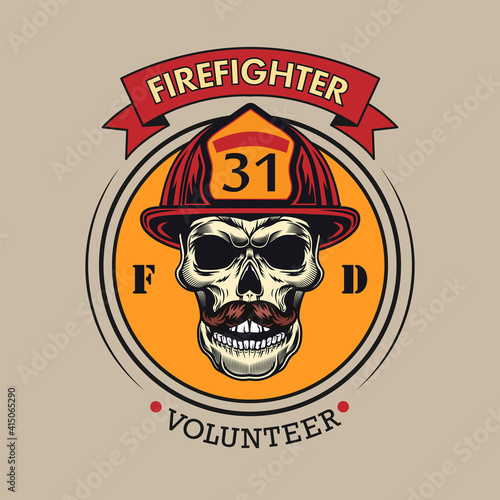 Round badge with firefighter skull vector illustration. Colorful label with male skull in protective helmet. Emergency and firefighting concept can be used for retro template