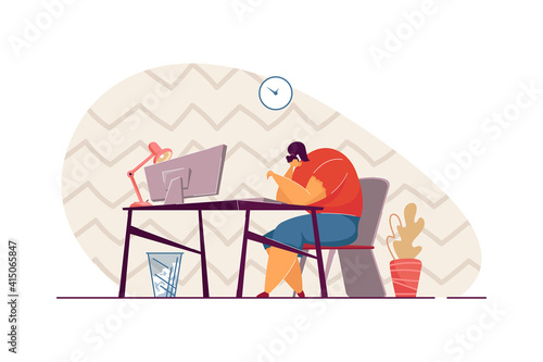 Unhappy millennial professional tired of her work or job, Exhausted freelance worker going through burnout. Vector illustration for tiredness, fatigue, low performer concept