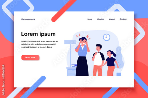Young mother tired of migraine. Cartoon children worried about mom flat vector illustration. Depression and headache concept for banner, website design or landing web page