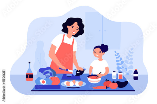 Happy mom and daughter cooking vegetables together isolated flat vector illustration. Cartoon mother and kid making dinner in aprons. Healthy food and motherhood concept