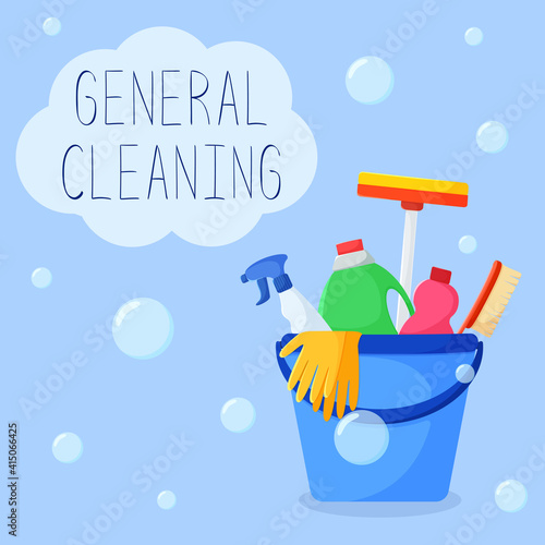 Vector illustration of general cleaning. Detergents in a bucket on a blue background. Flat style illustration with an inscription. Cleaning product
