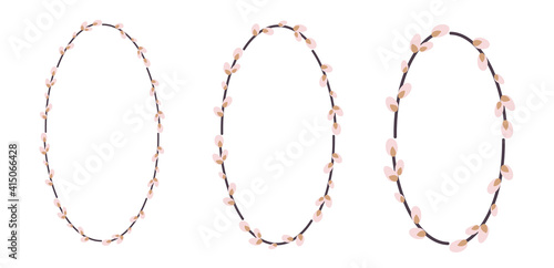 Set of Easter willow wreaths. Oval wreath of willow stems.Vector flat illustration isolated on a white background. Design for invitations, postcards, and printing.