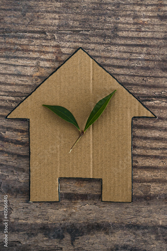 green home and energy efficiency, ecological house icon with leaves on it on wooden background photo