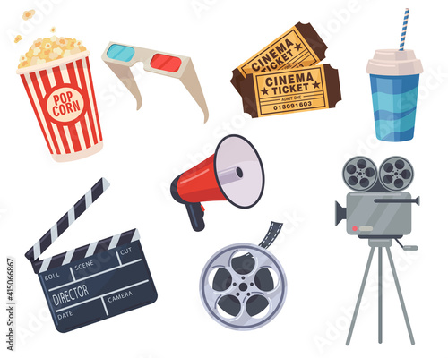 Cinema elements set. Tickets, popcorn bucket, megaphone, 3D glasses, clapperboard, montage tape, video camera. Vector illustration for cinema theater, film industry, show, movie making concept